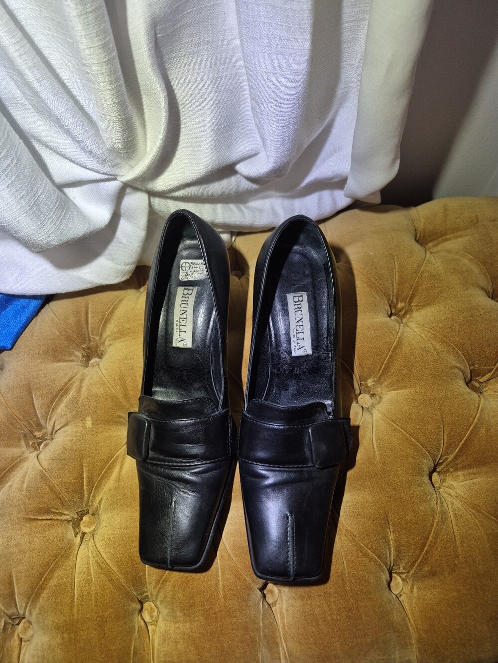Brunella Italy Black Leather Square Toe Block Heel Loafer Pumps 38